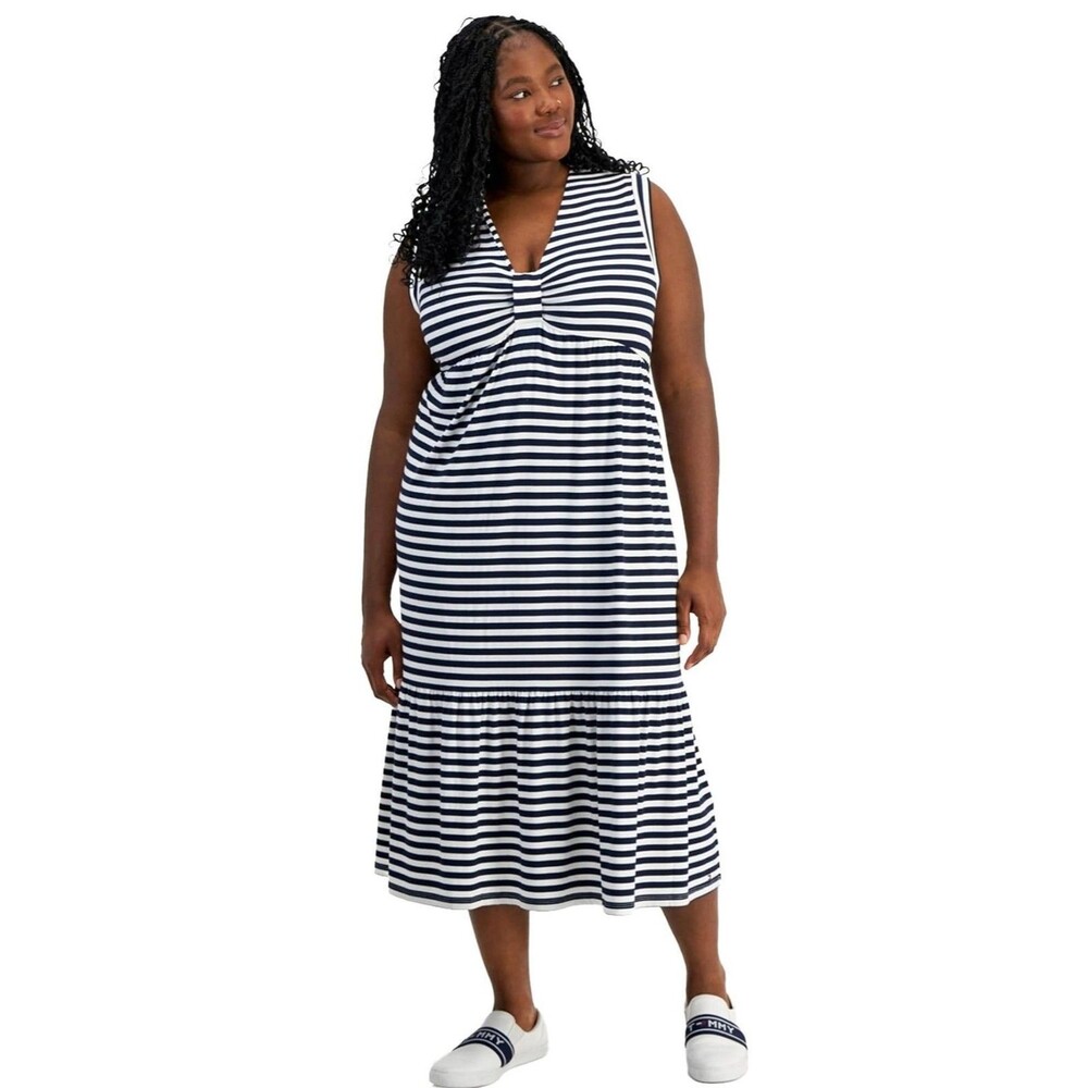 Tommy Hilfiger Womens Plus 2X Navy Striped Sleeveless V Neck Maxi Dress NWT CQ27